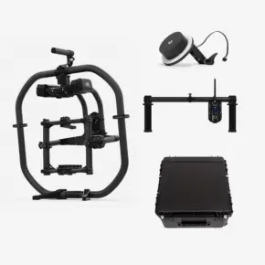 MoVI_Pro_Case_Bundle MōVI Pro Handheld Bundle + lisätarvikkeet (sis.ALV24%) - Käytetty, joka sisältää kameran vakaajan, langattoman seurantatarkennuksen, tukipalkin ja kovan kotelon, näkyy valkoisella pohjalla.