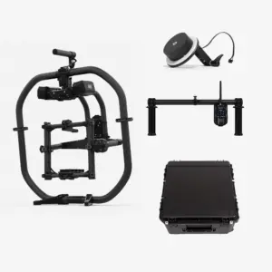 MoVI_Pro_Case_Bundle MōVI Pro Handheld Bundle + lisätarvikkeet (sis.ALV24%) - Käytetty, joka sisältää kameran vakaajan, langattoman seurantatarkennuksen, tukipalkin ja kovan kotelon, näkyy valkoisella pohjalla.