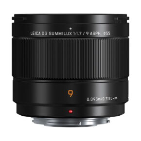 Panasonic_-Leica_DG_Summilux_9mm_f_1_7_ASPH The Panasonic Leica DG Summilux 9mm F/1.7 ASPH is shown in black with a ribbed focus ring, white and orange markings and a red focus point against a white background.