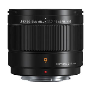 Panasonic_-Leica_DG_Summilux_9mm_f_1_7_ASPH The Panasonic Leica DG Summilux 9mm F/1.7 ASPH is shown in black with a ribbed focus ring, white and orange markings and a red focus point against a white background.