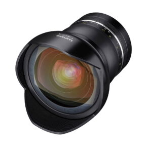 Samyang_14mm_f_2_4_XP_001 Wide angle camera lens with large glass front element, black body, focus and aperture rings, Samyang XP 14mm f/2.4 - Canon EF marking and various lens settings.