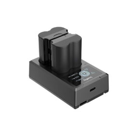SmallRig_NP-W235_Camera_Battery_and_Charger_Kit_3822_001 The battery and charger kit of the SmallRig 3822 NP-W235, shown in black when two batteries are inserted, has an LED display and a USB port that appear on a white background.