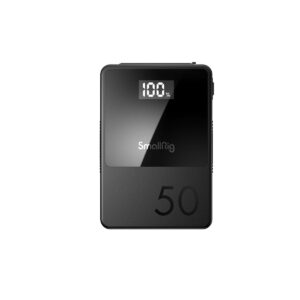 SmallRig_VB50_mini_V-Mount_Battery_3579_001 SmallRig 3579B V-Mount Battery Mini VB50, pictured in black, with a digital display showing 100 % and the number 50 in the bottom right corner, set against a white background.
