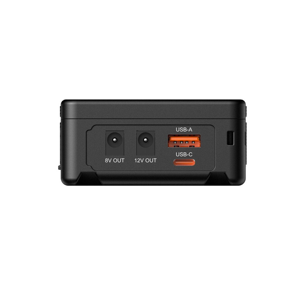 SmallRig_VB50_mini_V-Mount_Battery_3579_002 The SmallRig 3579B V-Mount Battery Mini VB50 has two circular power output ports marked 8V OUT and 12V OUT, and one orange USB-A and one black USB-C port on the front panel.