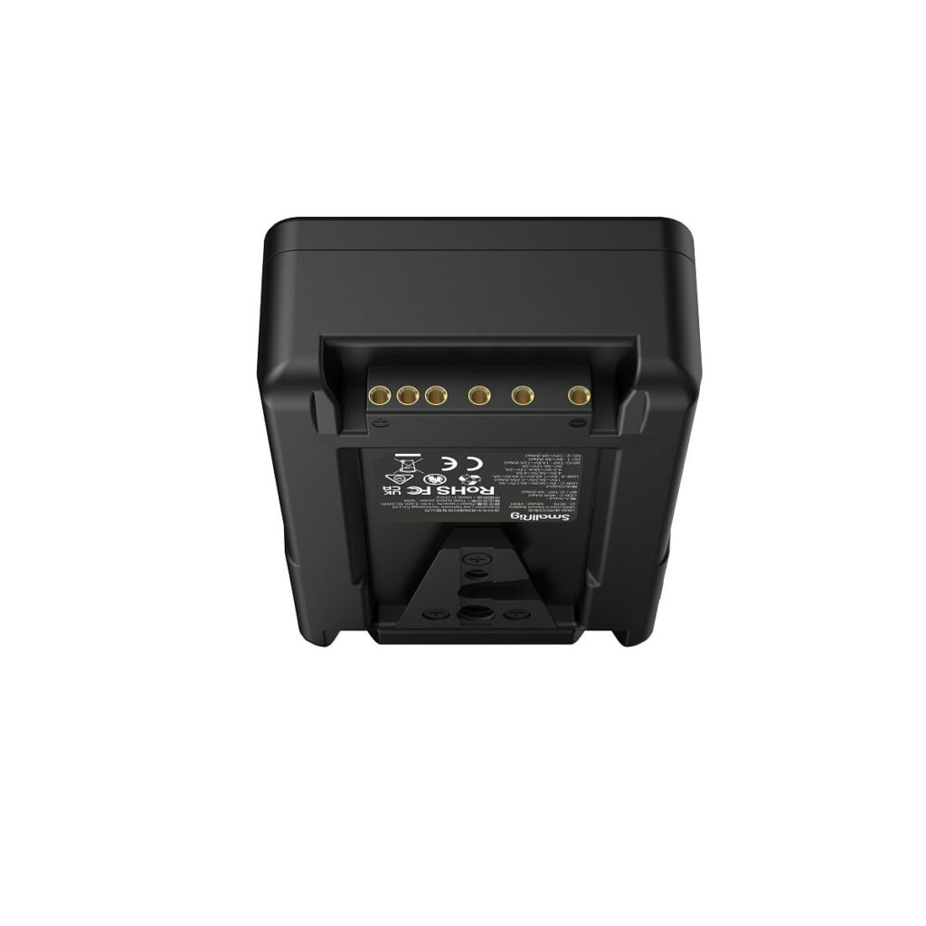 SmallRig_VB50_mini_V-Mount_Battery_3579_003 SmallRig 3579B V-Mount Battery Mini VB50 bottom side white background with accent gold terminal pins and sticker with product information and certification symbols.