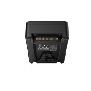 SmallRig_VB50_mini_V-Mount_Battery_3579_003 SmallRig 3579B V-Mount Battery Mini VB50 bottom side white background with accent gold terminal pins and sticker with product information and certification symbols.