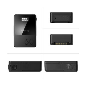 SmallRig_VB50_mini_V-Mount_Battery_3579_005 The SmallRig 3579B V-Mount Battery Mini VB50 is a compact black device with a digital display that reads "100 %", the number 50 on the front and four side images showing its various ports and connectors.