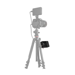 SmallRig_VB50_mini_V-Mount_Battery_3579_006 Digital camera on tripod, external display on top and SmallRig 3579B V-Mount Battery Mini VB50 attached to the tripod base, all against a white background.
