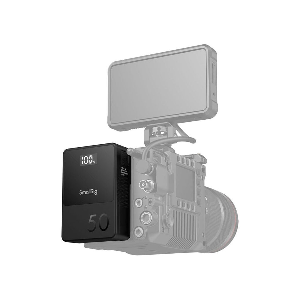 SmallRig_VB50_mini_V-Mount_Battery_3579_007 The black SmallRig 3579B V-Mount Battery Mini VB50 is mounted on the side of a grey professional camera rig with a screen on top, and the battery is highlighted.