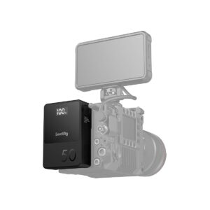 SmallRig_VB50_mini_V-Mount_Battery_3579_007 The black SmallRig 3579B V-Mount Battery Mini VB50 is mounted on the side of a grey professional camera rig with a screen on top, and the battery is highlighted.