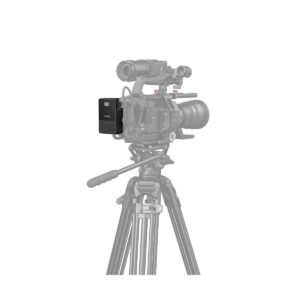 SmallRig_VB50_mini_V-Mount_Battery_3579_008 The professional video camera on a tripod appears mostly in pale grey, and the camera is fitted with a fully visible SmallRig 3579B V-Mount Battery Mini VB50 in black, marked 50. The camera is in colour.