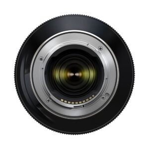 Close-up of the rear of the Tamron 50-400mm f/4.5-6.3 Di III VC VXD lens for Sony E, showing its metal mount, electrical contacts and glass elements against a white background.