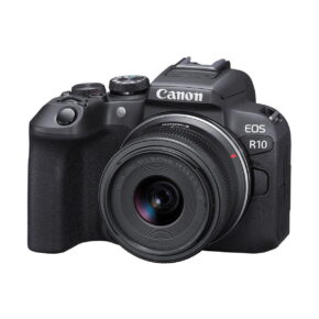 canon_r10_18-45mm The Canon EOS R10 + RF-S 18-45mm f/4.5-6.3 IS STM is shot in black from the front against a white background.