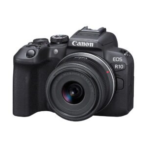 canon_r10_18-45mm The Canon EOS R10 + RF-S 18-45mm f/4.5-6.3 IS STM is shot in black from the front against a white background.