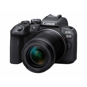 canon_r10_rf-s_18-150mm The black Canon EOS R10 + RF-S 18-150mm F3.5-6.3 IS STM mirrorless camera is shot from the front with a white background.