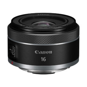 canon_rf_16mm_f28_03 The black and silver Canon RF 16mm f/2.8 STM lens with focus/control switch and textured focus ring is shown on a white background.