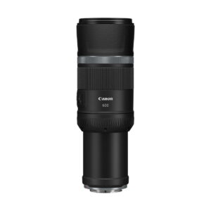 canon_rf_600mm_is_stm_01 The Canon RF 600mm f/11 IS STM lens is upright on a white background, with a black body, textured grip and visible control dials.