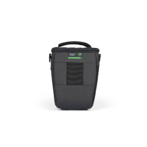 lowepro_tlz_30_iii_02 The Lowepro Adventura TLZ 30 III is a black camera lens case with a textured top handle, green and white label and front pocket, shown on a white background.