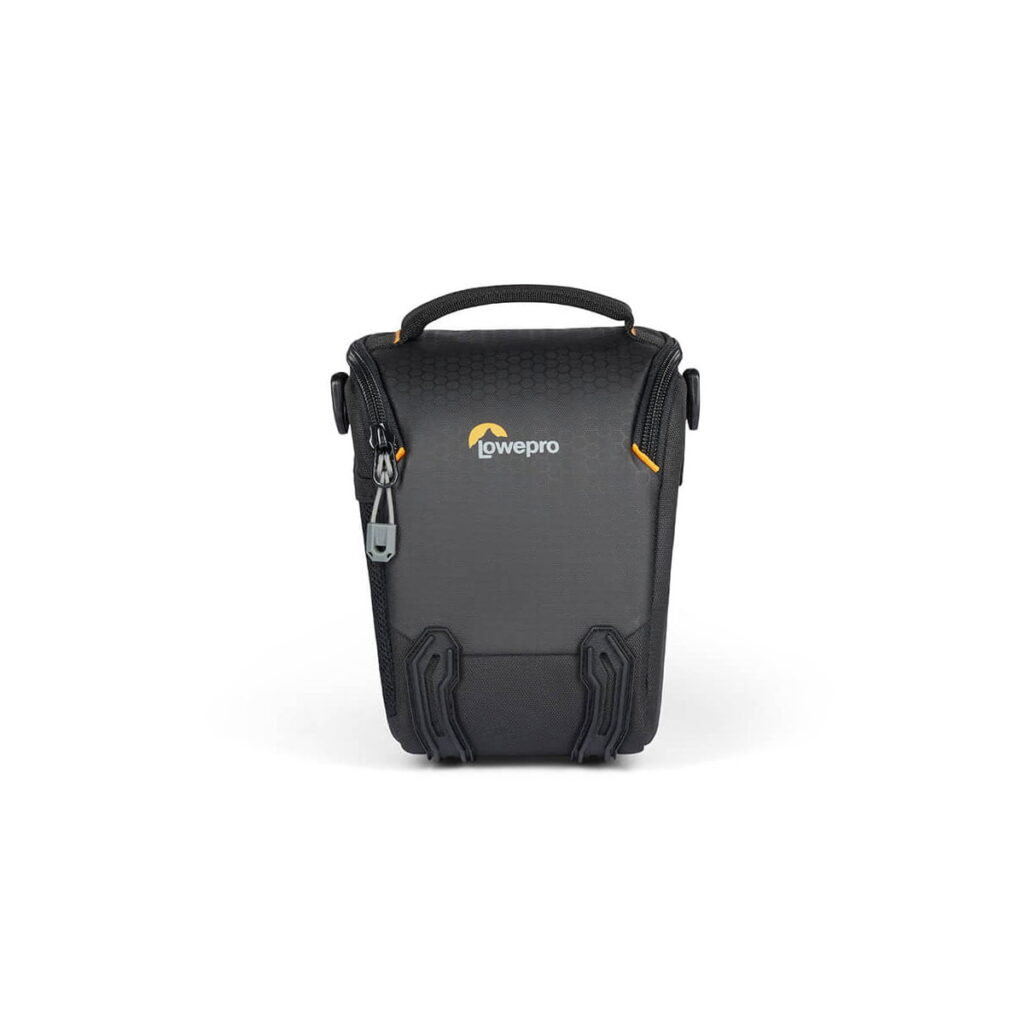 lowepro_tlz_30_iii_03 The Lowepro Adventura TLZ 30 III is a black camera bag with a top handle, zipper closure and yellow accents that appear upright against a white background.