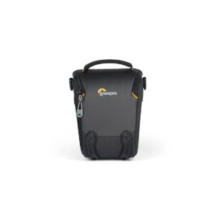 lowepro_tlz_30_iii_03 The Lowepro Adventura TLZ 30 III is a black camera bag with a top handle, zipper closure and yellow accents that appear upright against a white background.
