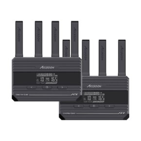 Accsoon_Cineview_Quad_001 Two Accsoon CineView Quad Transmission HDMI/SDI units, each with four antennas and digital displays, appear side by side against a white background.