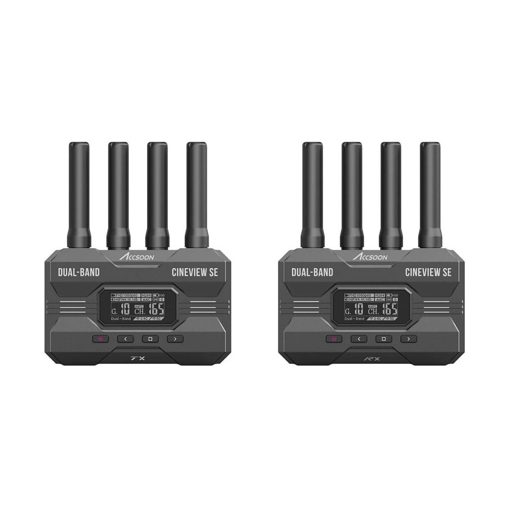 Accsoon_Cineview_SE_001 Two black Accsoon CineView SE WiFi Transmission SDI/HDMI wireless video transmitters, each with four antennas and a digital display, are placed side by side on a white background.