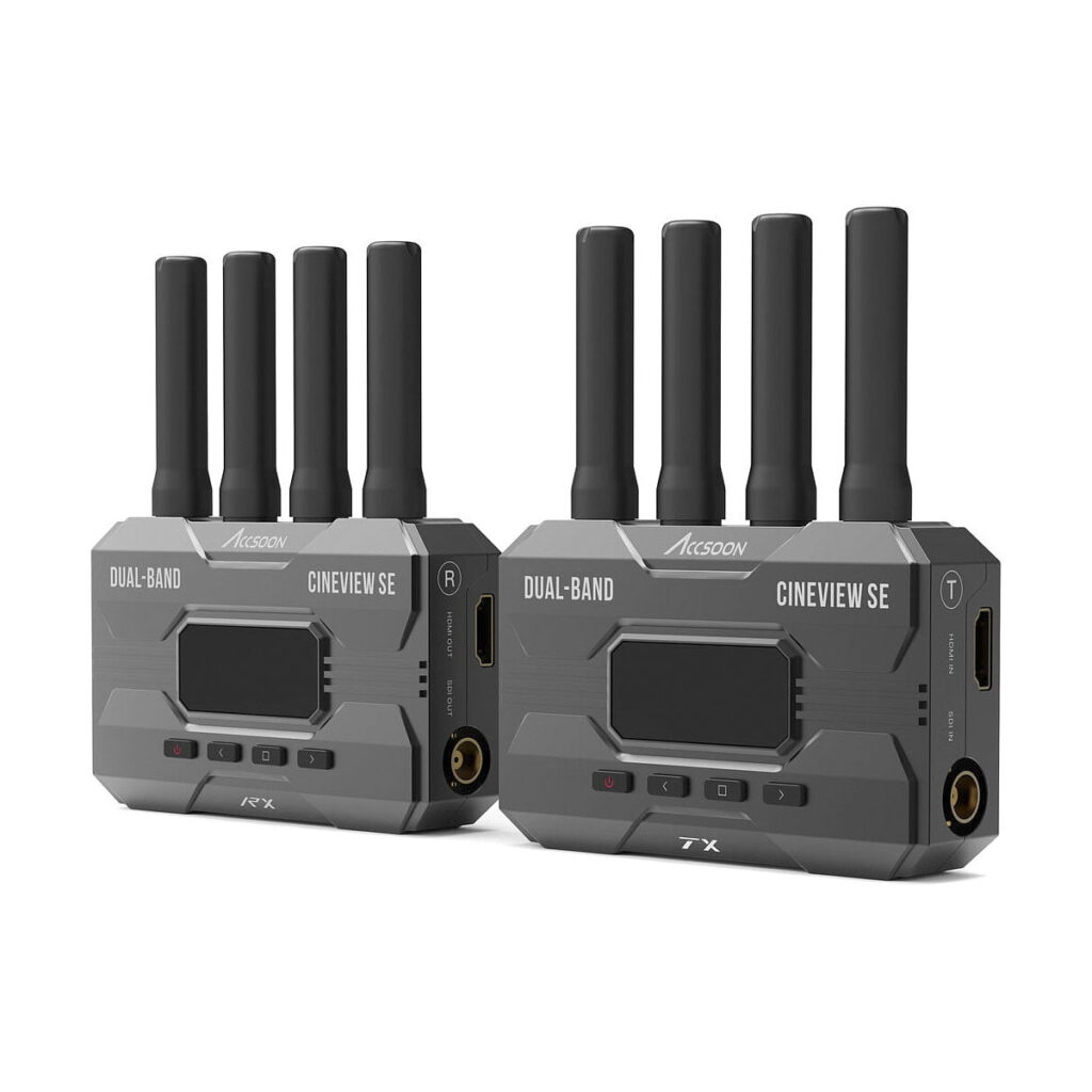 Accsoon_Cineview_SE_002 Two Accsoon CineView SE WiFi Transmission SDI/HDMI units with black antennas and labeled ports are side by side on a white background.