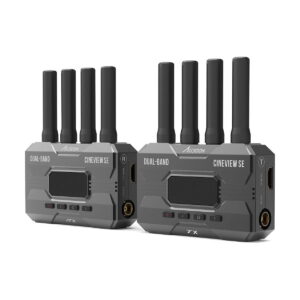 Accsoon_Cineview_SE_002 Two Accsoon CineView SE WiFi Transmission SDI/HDMI units with black antennas and labeled ports are side by side on a white background.