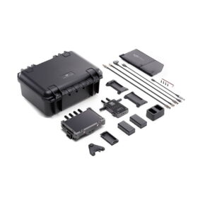 DJi_Transmission_Combo_001 The DJI Transmission Combo, which includes a black hard case, electronic components, cables, antennas and mounting hardware, is neatly arranged in a package on a white surface.