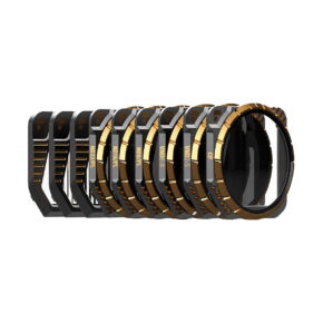 PolarPro_Mavic_3_Directors_Kit_001 Eight PolarPro Mavic 3 Filter Directors Kit black and gold camera lens filters, arranged in a row, each with different ND levels and showing their different thicknesses and notches.