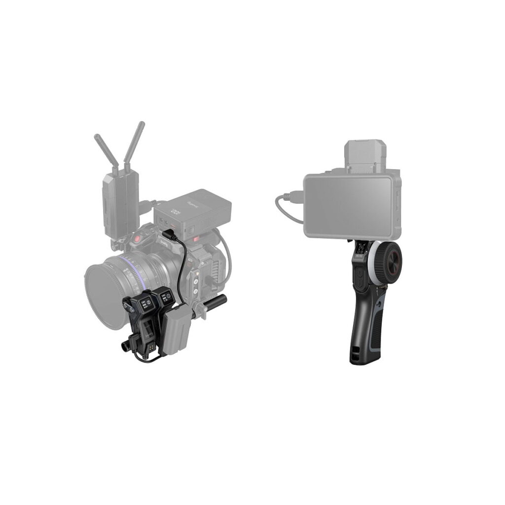 SmallRig_MagicFIZ_Wireless_Follow_Focus_Two_Motor_Kit_3918_001 SmallRig 3918 Magic FIZ Wireless Follow Focus Two Motor Kit on kuvassa vasemmalla kamerateline ja siihen kiinnitetty langaton moduuli ja objektiivivaihteet sekä oikealla langaton käsisäädin ja näyttö, molemmat valkoisella pohjalla.