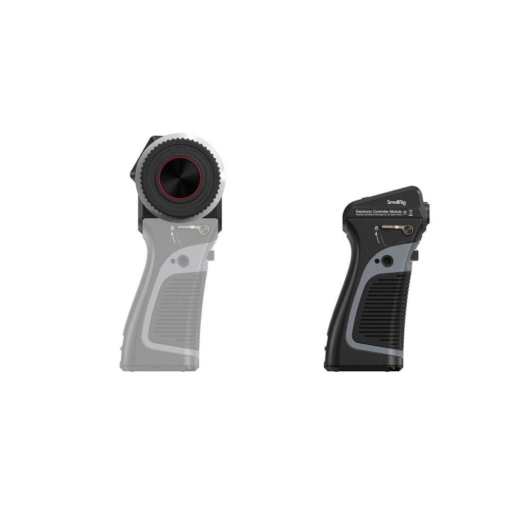 SmallRig_MagicFIZ_Wireless_Follow_Focus_Two_Motor_Kit_3918_003 Kuvassa on kaksi SmallRig 3918 Magic FIZ Wireless Follow Focus Two Motor Kit -laitetta vierekkäin: vasemmassa on pyöreä valintakiekko ja ergonominen kahva, kun taas oikeanpuoleinen on kompaktimpi ja suorakulmaisempi, molemmat valkoisella pohjalla.