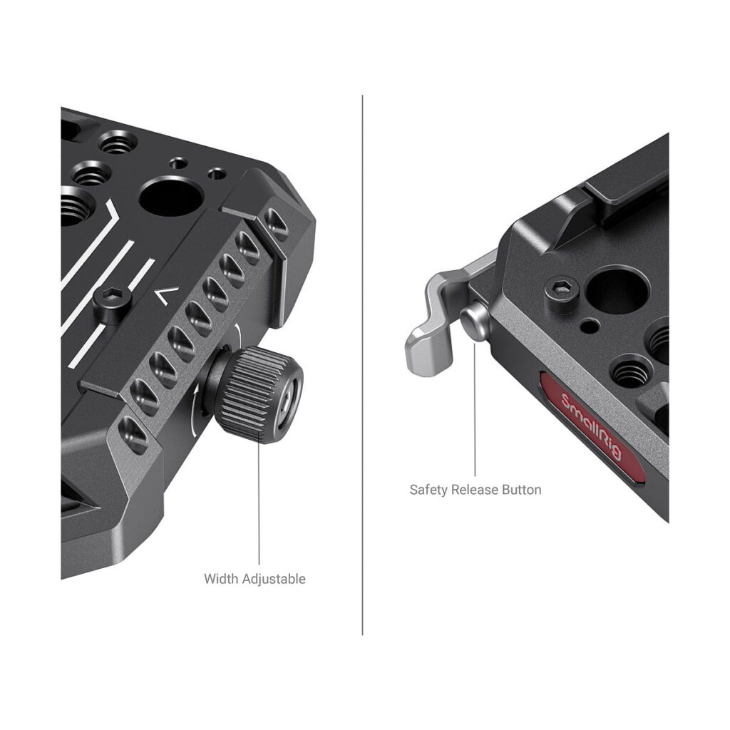 SmallRig_Manfrotto_Drop-in_Baseplate_2887_003 Lähikuva SmallRig 2887 Manfrotto Drop-in Baseplate -jalustasta (501 Style), jossa näkyy vasemmalla puolella leveyden säätöpainike ja oikealla puolella turvapainikkeen vipu, jotka molemmat on asetettu metallipintaa vasten.