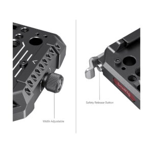 SmallRig_Manfrotto_Drop-in_Baseplate_2887_003 Lähikuva SmallRig 2887 Manfrotto Drop-in Baseplate -jalustasta (501 Style), jossa näkyy vasemmalla puolella leveyden säätöpainike ja oikealla puolella turvapainikkeen vipu, jotka molemmat on asetettu metallipintaa vasten.