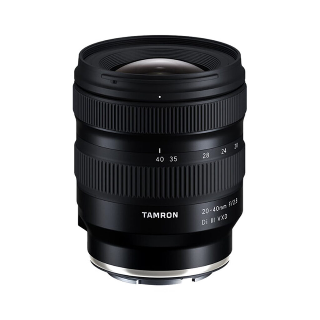 Tamron 20-40mm f2.8 Di III VXD The Tamron 20-40mm f/2.8 Di III VXD lens for the Sony E with zoom and focus rings is shown upright on a white background.
