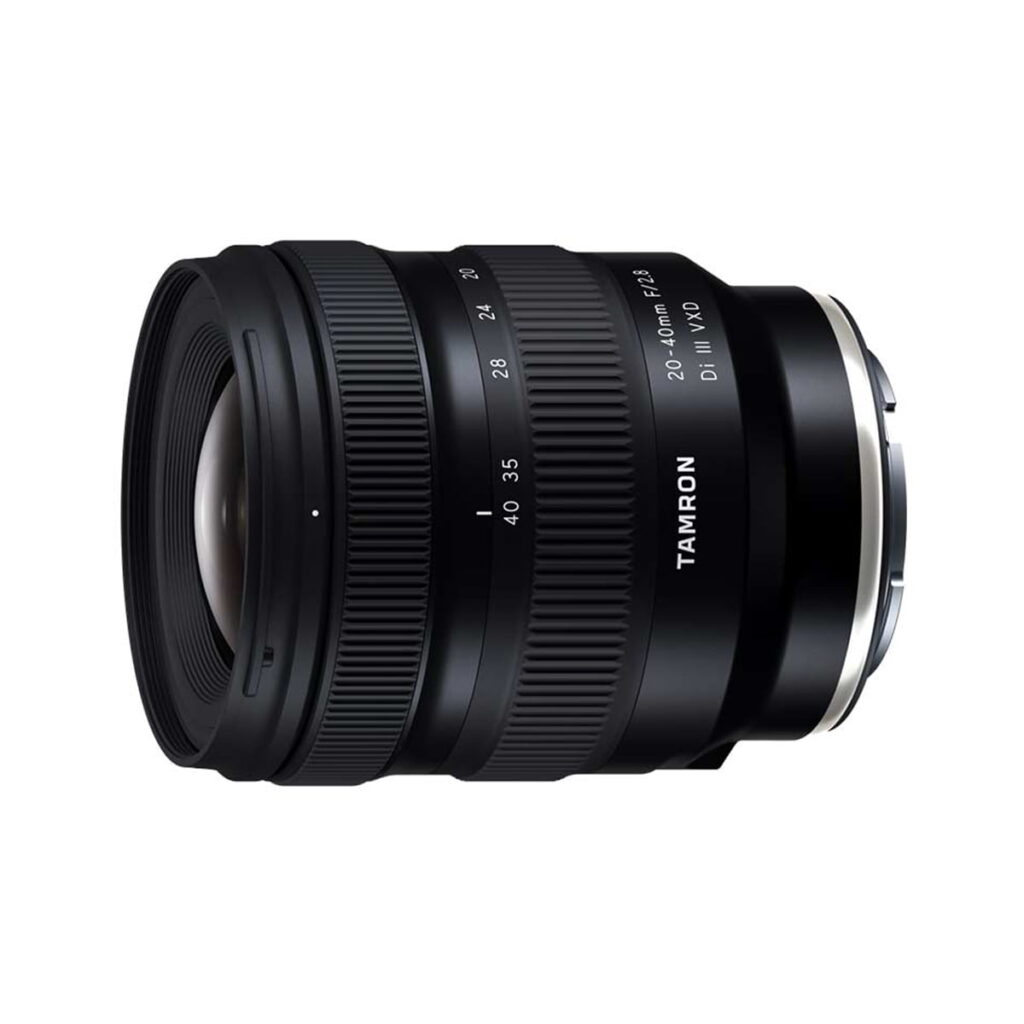 Tamron 20-40mm f2.8 Di III VXD 2 The Tamron 20-40mm f/2.8 Di III VXD lens for the Sony E is shown in black, with visible zoom and focus rings and the Tamron branding on a white background.