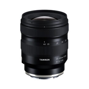 Tamron 20-40mm f2.8 Di III VXD The Tamron 20-40mm f/2.8 Di III VXD lens for the Sony E with zoom and focus rings is shown upright on a white background.