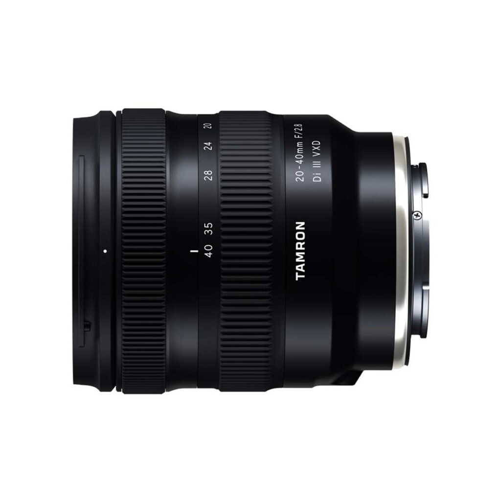 Tamron 20-40mm f2.8 Di III VXD 3 The black Tamron 20-40mm f/2.8 Di III VXD lens, Sony E is photographed sideways against a white background, highlighting the zoom and focus rings and product label.