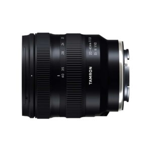 Tamron 20-40mm f2.8 Di III VXD 3 The black Tamron 20-40mm f/2.8 Di III VXD lens, Sony E is photographed sideways against a white background, highlighting the zoom and focus rings and product label.