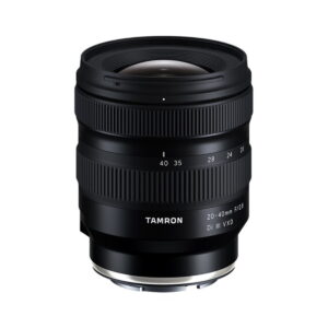 Tamron 20-40mm f2.8 Di III VXD The Tamron 20-40mm f/2.8 Di III VXD lens for the Sony E with zoom and focus rings is shown upright on a white background.