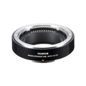 fujifilm_mcex-18g A Fujifilm MCEX-18G WR locking rings, black with silver metal clips, shown on a white background. The locking ring has electrical connections for lens communication.