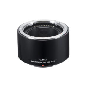 fujifilm_mcex-45g The Fujifilm MCEX-45G WR is a black macro extension tube with metal accents and electronic contacts for more precise focusing for photography. The Fujifilm logo appears on the front.
