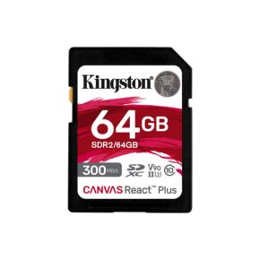 ktc-product-flash-microsd-sdr2-64gb-1-zm-lg Käytetyssä Kingston 64GB SDXC Canvas React Plus muistikortissa on 300MB/s nopeus, V90-, UHS-II- ja U3-luokitus sekä punavalkoinen muotoilu.