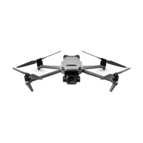 Dji_Mavic_3_Classic_001 A DJI Mavic 3 Classic drone, with a grey body, four propellers with orange tips and a front-facing camera, is shown against a white background.