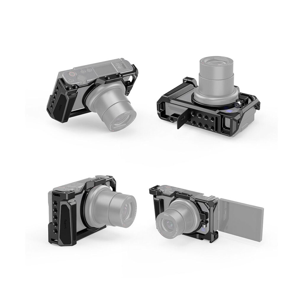 SmallRig_Camera_Cage_for_Sony_ZV-1_2938_002 Four views of the SmallRig 2938 Camera Cage for Sony ZV-1F / ZV-1, shown in black with the camera lens extended and the LCD screen both closed and flipped out.