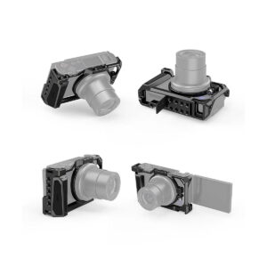 SmallRig_Camera_Cage_for_Sony_ZV-1_2938_002 Four views of the SmallRig 2938 Camera Cage for Sony ZV-1F / ZV-1, shown in black with the camera lens extended and the LCD screen both closed and flipped out.