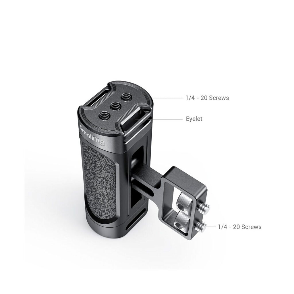 SmallRig_Mini_Side_Handle_1_4-20_Screws_2916_002 The SmallRig 2916 Mini Side Handle (1/4"-20 Screws) is a black camera handle with a textured grip, multiple mounting holes, "Eyelet" and "1/4-20 Screws" markings, and a metal side mount attached with two screws.