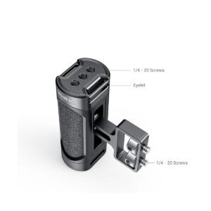 SmallRig_Mini_Side_Handle_1_4-20_Screws_2916_002 The SmallRig 2916 Mini Side Handle (1/4"-20 Screws) is a black camera handle with a textured grip, multiple mounting holes, "Eyelet" and "1/4-20 Screws" markings, and a metal side mount attached with two screws.