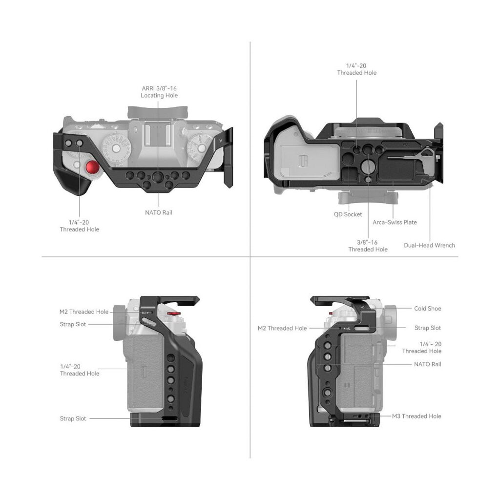 SmallRig_Multifunctional_Cage_for_FUJIFILM_X-T5_4135_002 Technical diagram of the SmallRig 4135 Cage for Fujifilm X-T5, showing the different angles and marked features such as threaded holes, NATO rail, strap holes, cold shoe, QD socket and built-in twin wrench storage.
