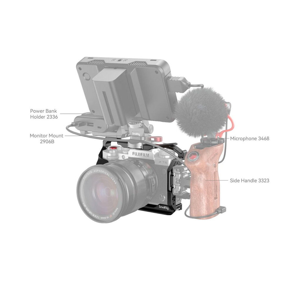 SmallRig_Multifunctional_Cage_for_FUJIFILM_X-T5_4135_003 The SmallRig 4135 Cage for Fujifilm X-T5 is photographed with the marked accessories attached to the Fujifilm camera - power supply holder, monitor mount, microphone and wooden side handle; some parts appear in a light semi-transparent grey.
